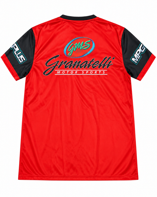 Red and black Granatelli Motor Sports shirt, back view