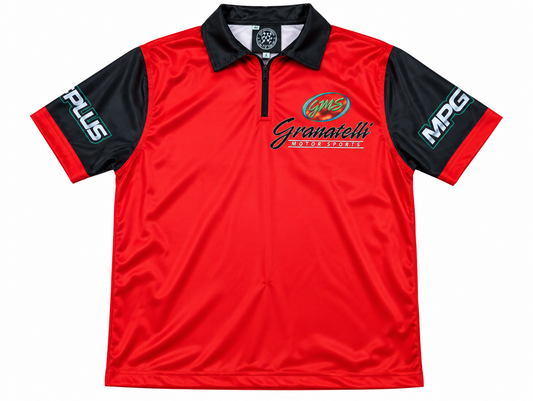 Red and black Granatelli Motor Sports shirt, front view