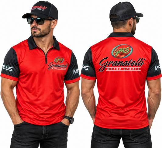Model wearing a red and black Granatelli Motor Sports shirt, front and back views
