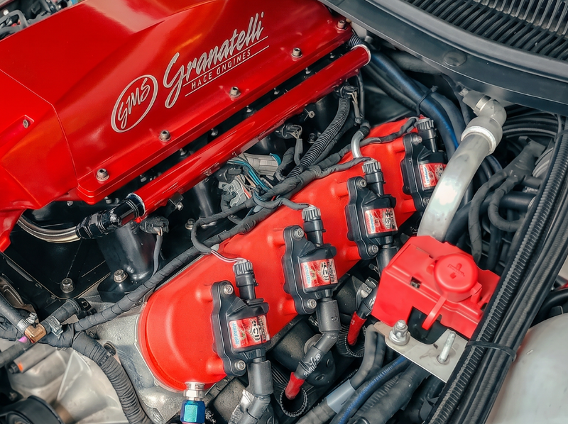 A close-up of a car engine bay featuring a bright red engine cover and matching red valve covers with white 'Giant Granvelle' script branding, surrounded by black hoses and silver metal components.